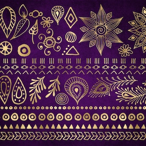 Boho Design Elements Clipart - imágenes prediseñadas ornamentales de Boho de oro, bordes dibujados a mano png, descarga instantánea de uso comercial, gráficos de oro