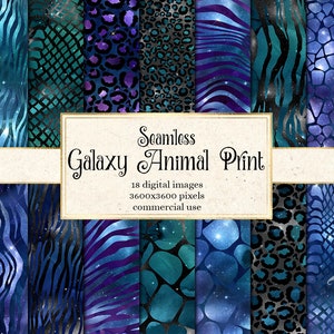 Galaxy Animal Print Digital Paper, seamless watercolor galaxy safari tiger stripes and cheetah spots instant download for commercial use