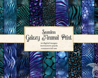 Galaxy Animal Print Digital Paper, seamless watercolor galaxy safari tiger stripes and cheetah spots instant download for commercial use