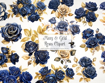 Navy and Gold Roses Clipart – Floral PNG Graphics for Commercial Use