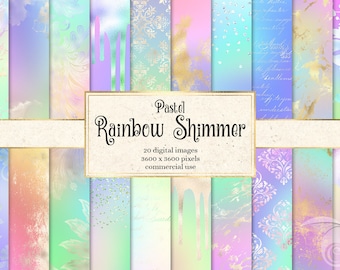 Pastel Rainbow Shimmer Digital Paper, printable backgrounds with foil drips and confetti in soft ombre gradients for commercial use