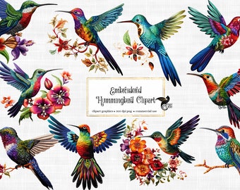 May include: A set of ten embroidered hummingbird clip art graphics. The hummingbirds are depicted in various poses with vibrant colors, including red, blue, green, and yellow. Each hummingbird is surrounded by colorful flowers and leaves.
