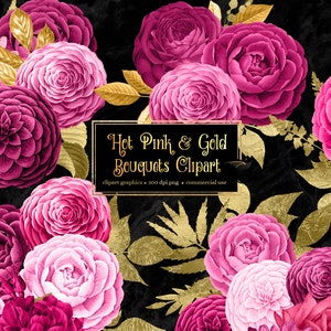 Hot Pink und Gold Blumensträuße Clipart, digitaler sofortiger Download Magenta und Gold Glitzer Hochzeit Blume png kommerzielle Nutzung