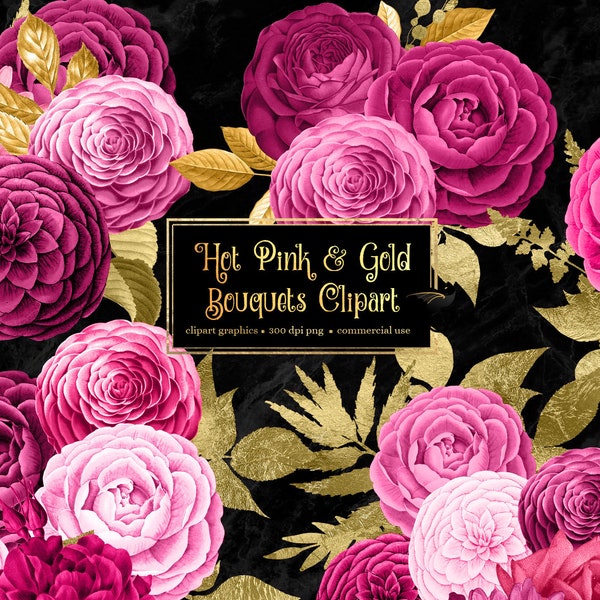 Hot Pink and Gold Floral Bouquets Clipart, digital instant download magenta and gold glitter wedding flower png commercial use