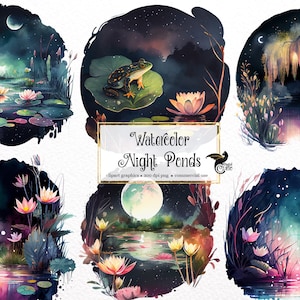 Clipart de lagoas noturnas em aquarela - lindo lírio de fantasia e lagoa de sapos download instantâneo em formato PNG para uso comercial