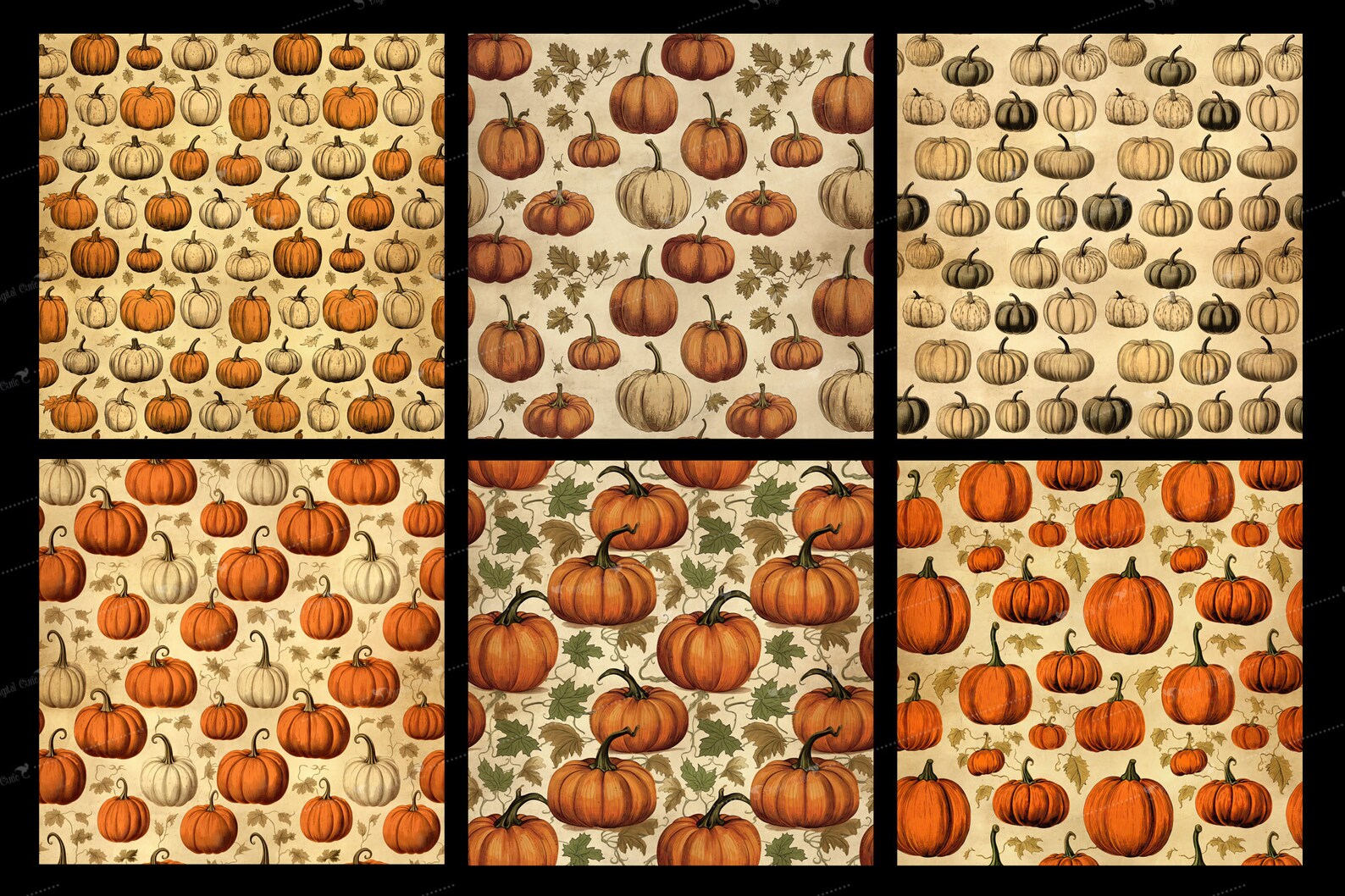 Vintage Pumpkin Digital Paper - Seamless Fall Antique Autumn Patterns ...