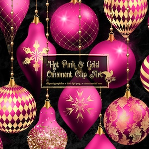 Hot Pink and Gold Christmas Ornaments Clipart, digital glitter Christmas ball ornament clip art in png format for commercial use