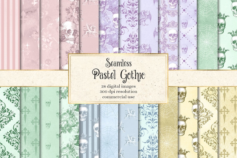 Pastel Gothic Digital Paper, Seamless Skulls, Florals (digital Download ...