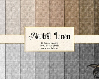 Puede incluir: Imagen digital que muestra una colección de 16 texturas de lino neutras en varios tonos de blanco, beige y gris. La imagen incluye una superposición de texto que dice "Neutral Linen" y detalles sobre las imágenes digitales.