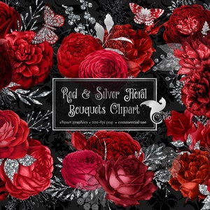 Rot und Silber Blumen Clip Art, digitaler sofortiger Download gemalte Aquarell Blume png Verzierungen, rote und silberne Glitzer Rosen