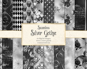 Silver Gothic Digital Paper, Skull Damask, Halloween Grunge (Digital Download)