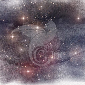 May include: A dark blue watercolor background with a faint silhouette of a dragon and a scattering of gold glitter stars.