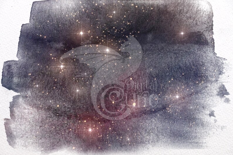 May include: A dark blue watercolor background with a faint silhouette of a dragon and a scattering of gold glitter stars.