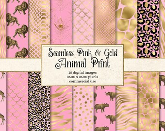 Pink and Gold Animal Skins digital paper, seamless African animal print, giraffe, zebra, leopard, tiger stripe, safari foil scrapbook paper