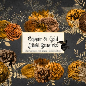 Pode incluir: Ilustração digital de bouquets florais em tons de cobre e ouro. Os bouquets apresentam rosas e outras flores em tons de castanho, laranja e dourado, com detalhes em folhas de ouro. O texto "Copper & Gold Floral Bouquets" é exibido num retângulo branco.