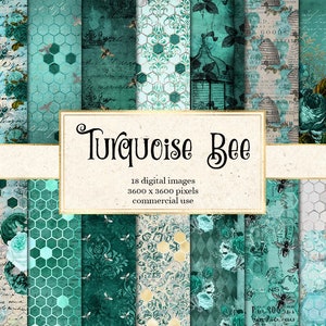 Turquoise Bee Digital Paper - vintage honingbij ephemera groenblauw achtergronden afdrukbaar plakboekpapier voor commercieel gebruik