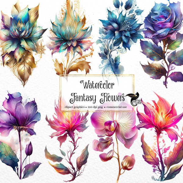 Watercolor Fantasy Flowers Clipart - floral fantasy PNG format instant download for commercial use