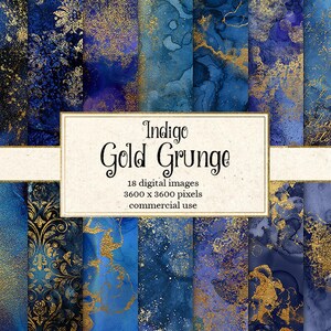 Indigo Gold Grunge digital paper, blue and gold watercolor textures, painted backgrounds, printable scrapbook paper, dust grunge textures