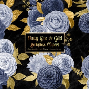 Dusty Blue and Gold Floral Bouquets Clipart, digital instant download navy and gold glitter wedding flower png commercial use