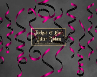 Fuchsia and Black Glitter Ribbon Clip Art - curling ribbons in png format instant download for commercial use