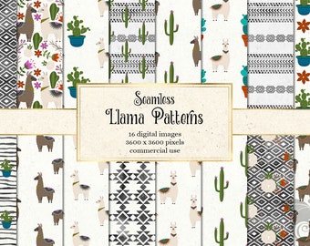 Puede incluir: Un conjunto de 16 patrones de llama sin costuras digitales en varios estilos, que incluyen diseños geométricos, de cactus y florales. Los patrones son de 3600 x 3600 píxeles y son para uso comercial.