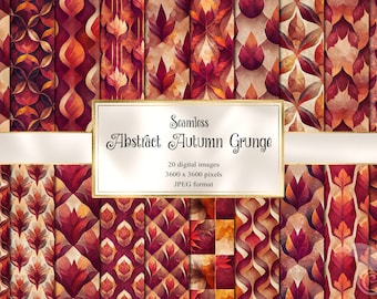 May include: A set of 20 digital seamless patterns featuring abstract autumn grunge designs in shades of red, orange, and brown. The patterns are perfect for creating fall-themed projects.