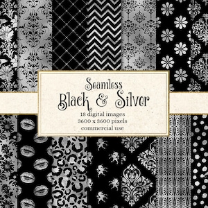 Op de afbeelding: Een digitaal papierpakket met 18 naadloze patronen in zwart en zilver. De patronen omvatten sterren, damast, chevron, bloemen, lippen, luipaardprint, stippen en harten. Seamless Black & Silver 18 digitale afbeeldingen 3600 x 3600 pixels commercieel gebruik