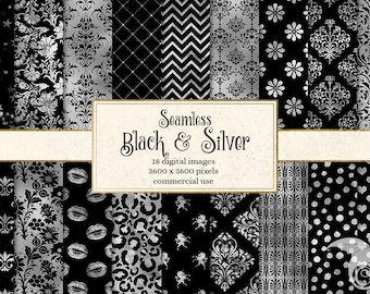 Black and Silver Foil Digital Paper, Scrapbook Patterns (Digital Download)