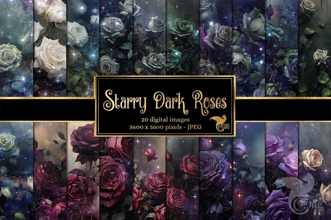 Starry Dark Roses Digital Paper, Celestial Digital Paper Fantasy ...