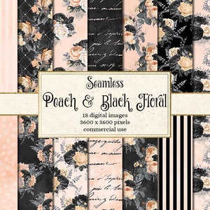 Peach and Black Floral digital paper, shabby black and blush pink seamless patterns vintage flower patterns printable baby shower