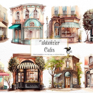 Acuarela Cafe Storefronts Clipart - linda cafetería café formato PNG descarga instantánea para uso comercial