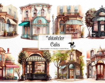 Clipart aquarel café storefront – coffeeshop, png, commercieel gebruik (digitale download)