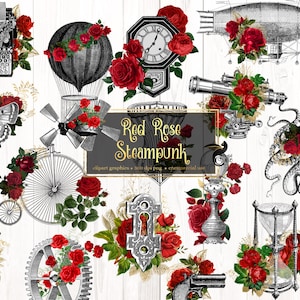 Red Rose Steampunk Clip Art - vintage antique objects and illustrations with florals in png format instant download for commercial use