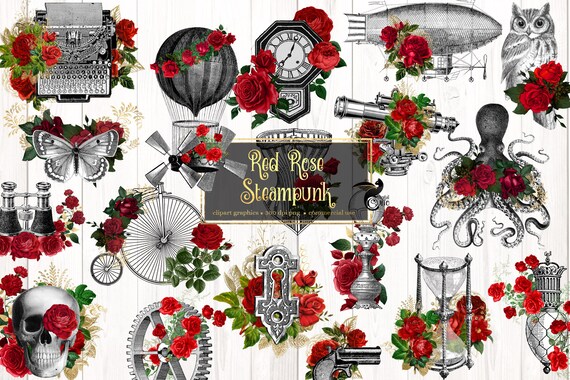 Red Rose Steampunk Clipart - Victorian Floral Illustrations (PNG, Digital Download)