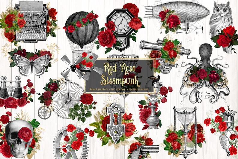 May include: A collection of 300 digital clipart graphics featuring red roses and steampunk elements. The graphics include a hot air balloon, a clock, an octopus, a typewriter, a bicycle, a keyhole, a compass, a skull, a butterfly, an hourglass, a gear, a gun, and an airship. The graphics are in black and white with red roses.