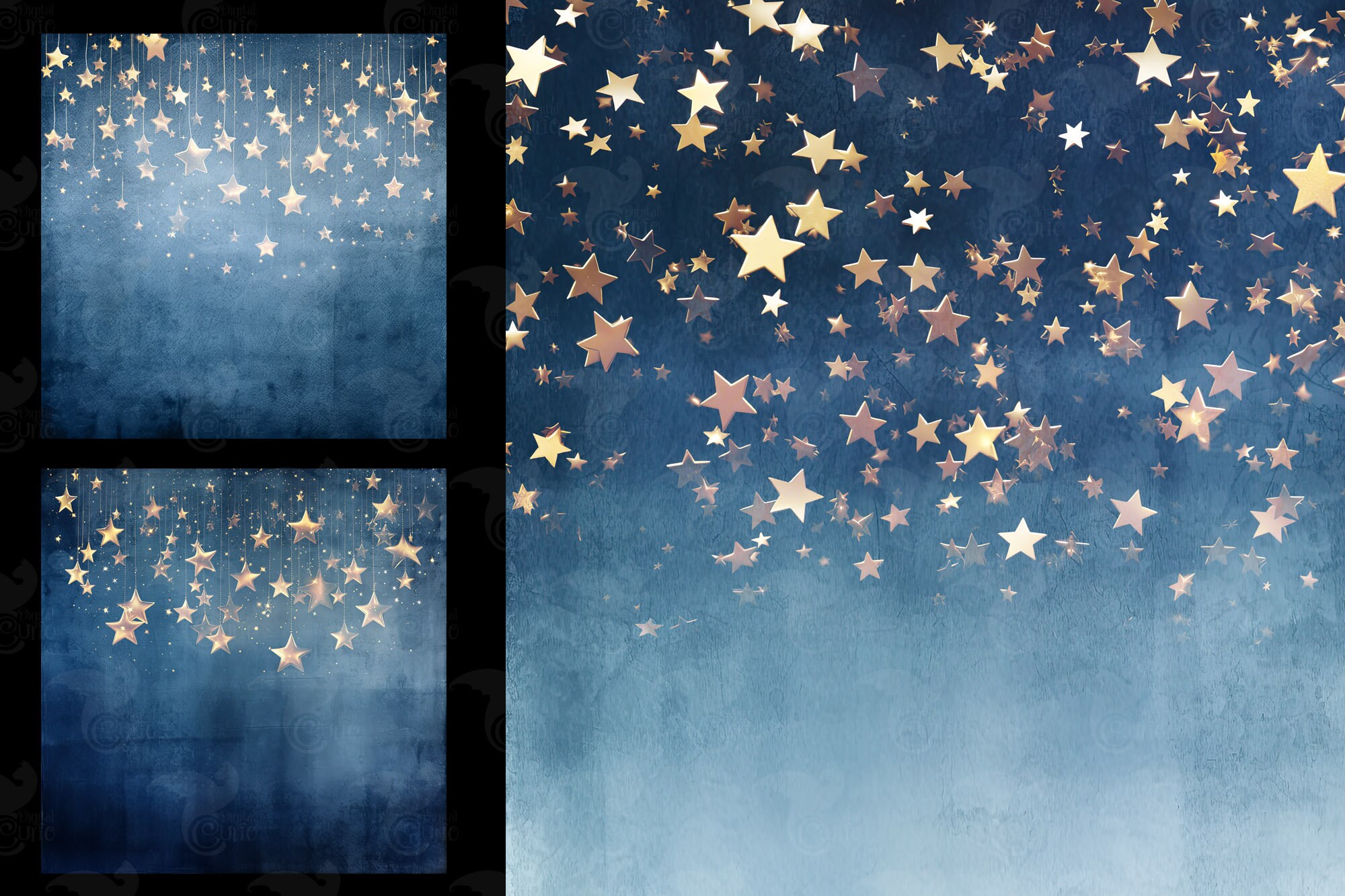 Blue Grunge Stars Digital Paper, Golden Starry Night Texture (digital ...