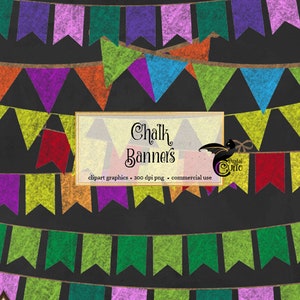 56 Chalkboard Multicolor Bunting Banners Clip Art, PNG Clipart set, Instant download party graphics for Commercial Use