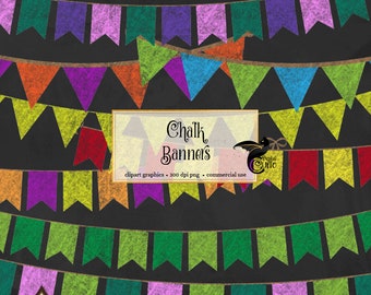 Clip art con striscioni e festoni in lavagna, grafica multicolore per feste (download digitale PNG)