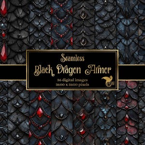 以下が含まれることがあります： シームレスな黒いドラゴンの鎧のテクスチャの複数のパネルを特徴とするデジタル画像。鎧の鱗は、赤い宝石のアクセントが付いた濃い灰色です。画像には「Seamless Black Dragon Armor」というテキストと、デジタル画像に関する詳細が含まれています。