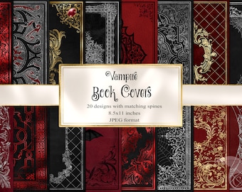 Puede incluir: Un conjunto de 20 diseños digitales de cubiertas de libros en estilo gótico. Las cubiertas presentan intrincados diseños en negro y dorado sobre un fondo rojo. El texto "Vampire Book Covers" se muestra en una pancarta blanca.