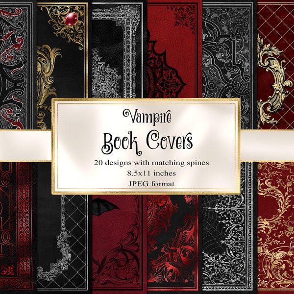 Vampire Book Covers, printable decorative gilded book covers 8.5 x 11 instant download digital sheets for commercial use