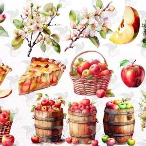 May include: Watercolor illustrations of apple pie, apples in baskets and barrels, and apple trees. The illustrations are in a vintage style and feature a variety of colors, including red, green, yellow, and brown.