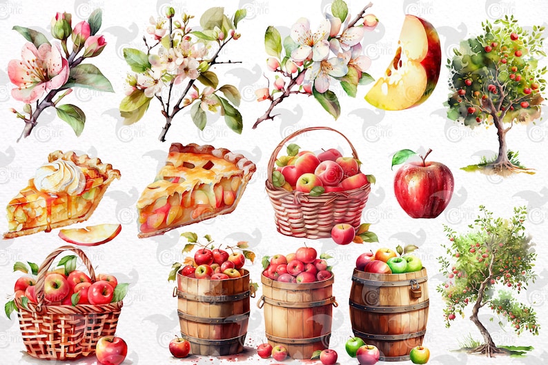 May include: Watercolor illustrations of apple pie, apples in baskets and barrels, and apple trees. The illustrations are in a vintage style and feature a variety of colors, including red, green, yellow, and brown.
