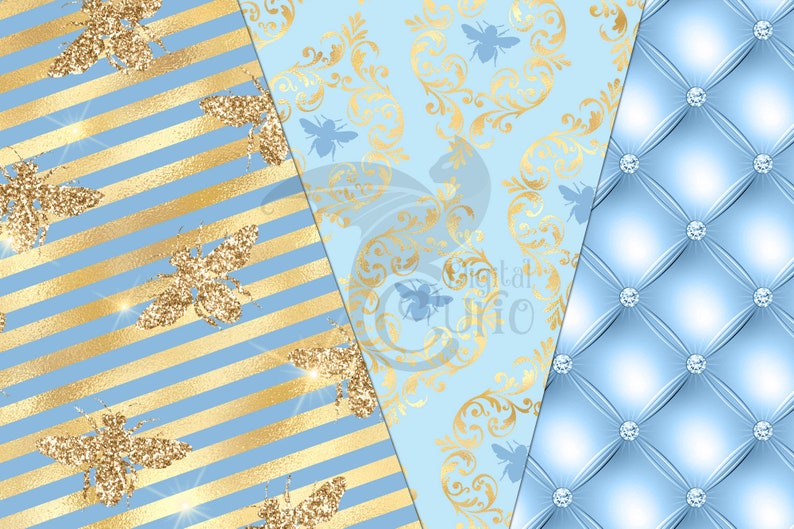 Blue and Gold Bee Digital Paper Baby Blue and Gold Honey Bee Etsy