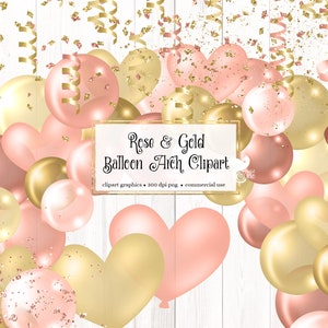 Rose en Gold Balloon Arch Clipart, ballon png digitale overlays met linten en confetti instant download commercieel gebruik