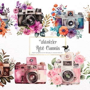 May include: Watercolor illustrations of vintage cameras with floral arrangements. The cameras are in various colors, including pink, brown, and silver. The flowers are in shades of pink, purple, orange, and green.