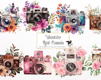 May include: Watercolor illustrations of vintage cameras with floral arrangements. The cameras are in various colors, including pink, brown, and silver. The flowers are in shades of pink, purple, orange, and green.