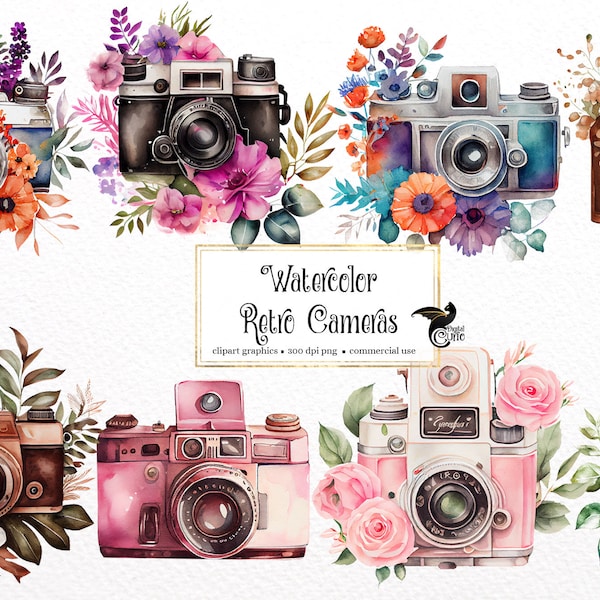 Watercolor Retro Cameras Clipart - vintage floral shabby cameras in PNG format instant download for commercial use