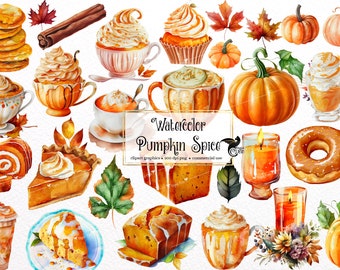 Watercolor Pumpkin Spice Clipart, Fall Autumn PNG Graphics