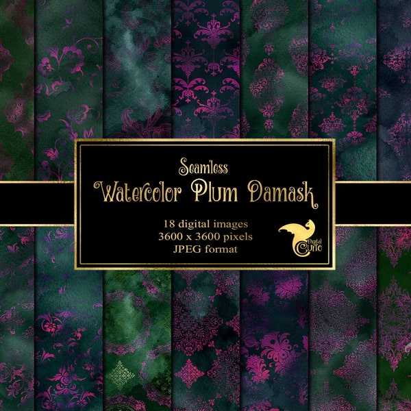 Watercolor Plum Damask Digital Paper - seamless patina shimmer textures for instant download commercial use